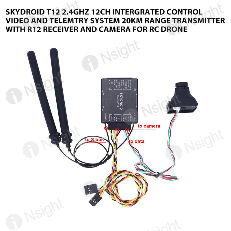 Skydroid T12 2.4GHz 12CH Intergrated Control Video and Telemtry System 20km Range Transmitter with R12 Receiver and Camera for RC Drone