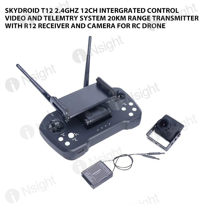 Skydroid T12 2.4GHz 12CH Intergrated Control Video and Telemtry System 20km Range Transmitter with R12 Receiver and Camera for RC Drone