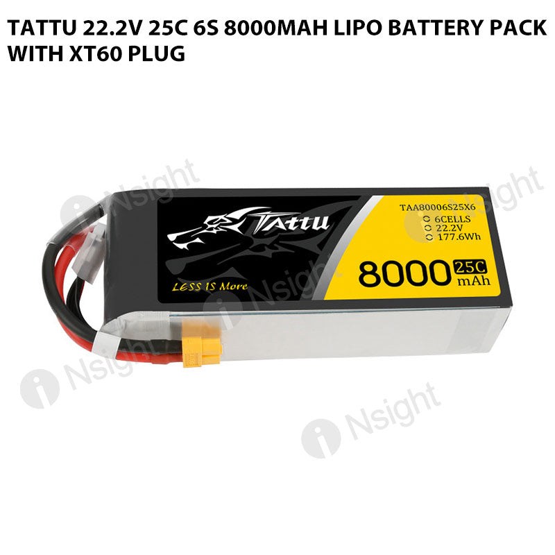 Tattu 6S 8000mAh 25C 22.2V Lipo Battery Pack With XT60 Plug
