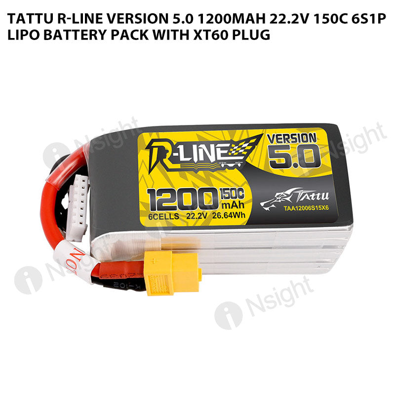 Tattu R-Line Version 5.0 1200mAh 6S 150C 22.2V Lipo Battery Pack With XT60 Plug