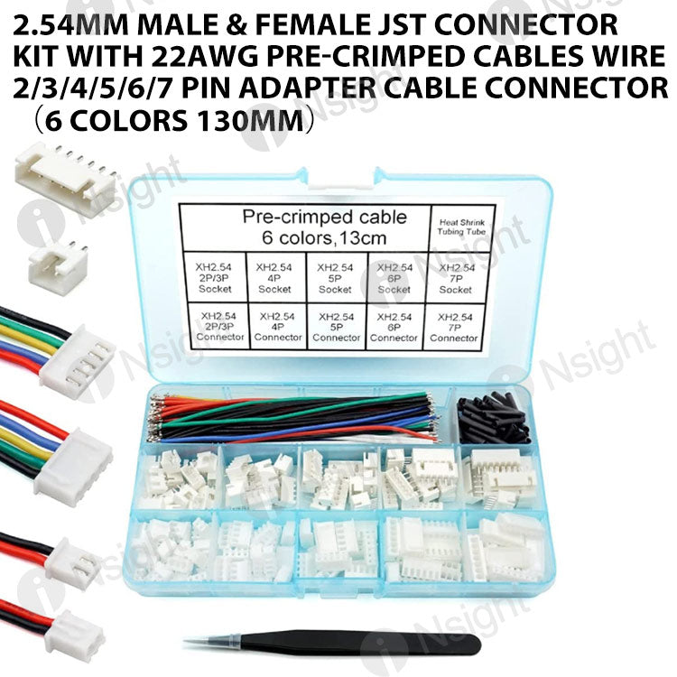 2.54MM Male & Female JST Connector Kit with 22AWG Pre-Crimped Cables Wire 2/3/4/5/6/7 Pin Adapter Cable Connector(6 Colors 130mm)