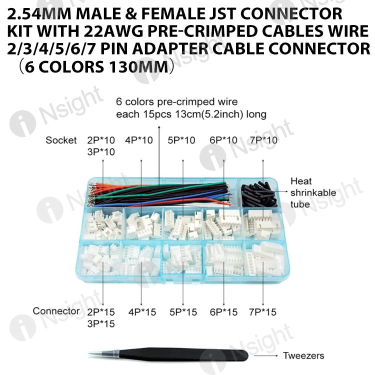 2.54MM Male & Female JST Connector Kit with 22AWG Pre-Crimped Cables Wire 2/3/4/5/6/7 Pin Adapter Cable Connector(6 Colors 130mm)