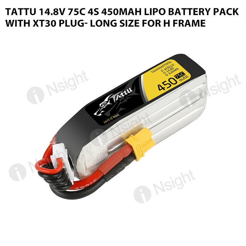 Tattu 14.8V 75C 4S 450mah Lipo Battery Pack With XT30 Plug- Long Size For H Frame