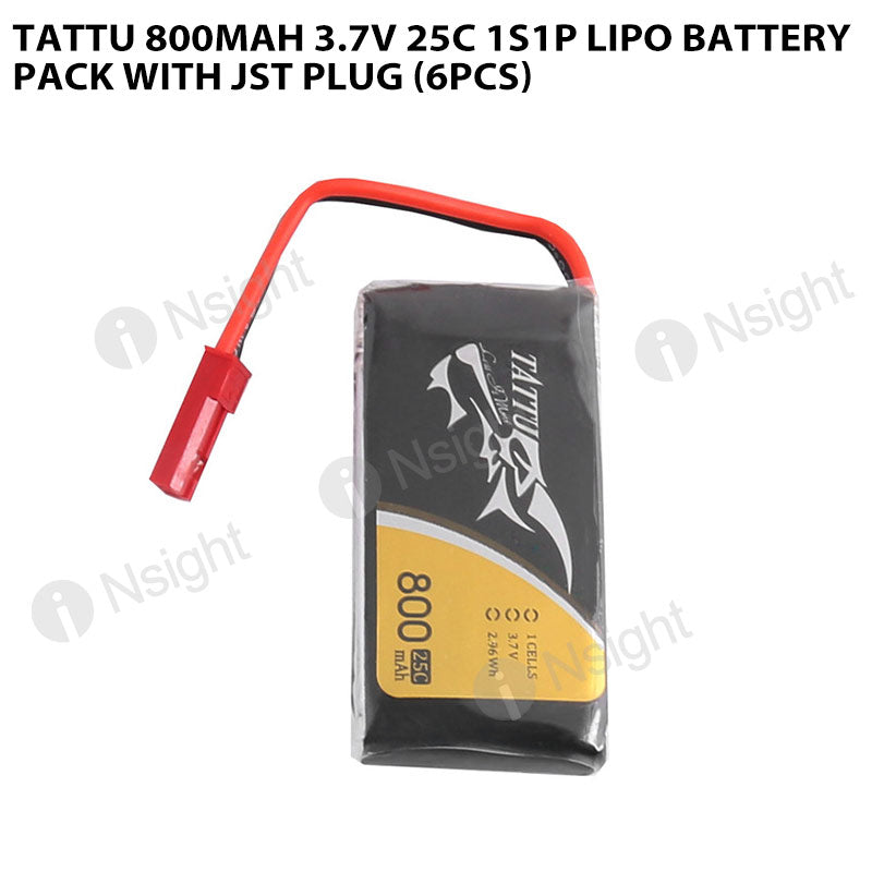 Tattu 800mAh 3.7V 25C 1S1P Lipo Battery Pack With JST Plug (6pcs)