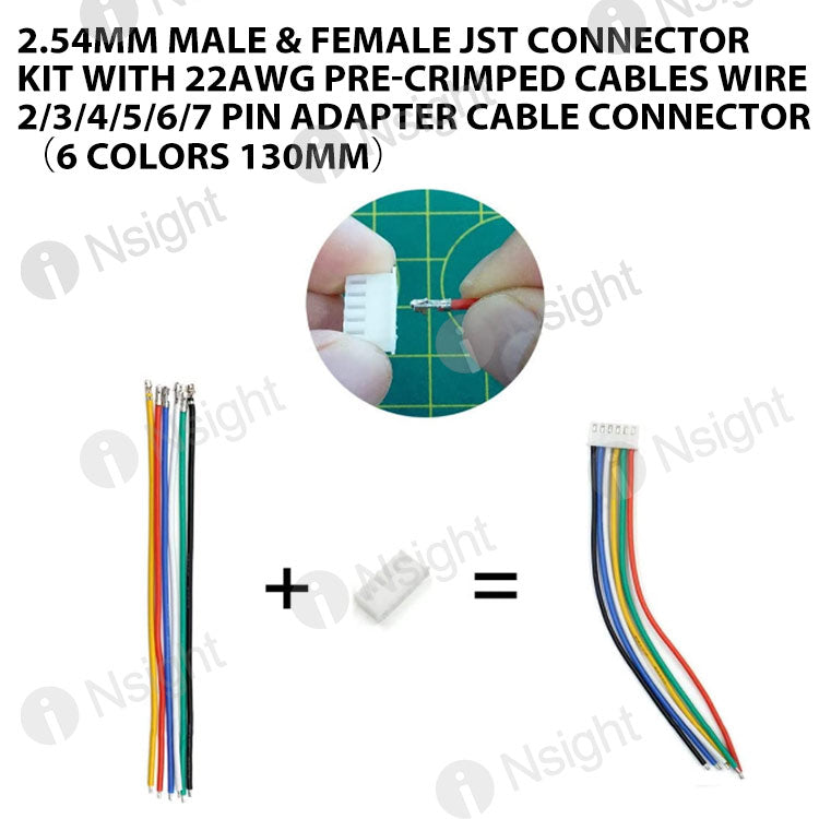 2.54MM Male & Female JST Connector Kit with 22AWG Pre-Crimped Cables Wire 2/3/4/5/6/7 Pin Adapter Cable Connector(6 Colors 130mm)