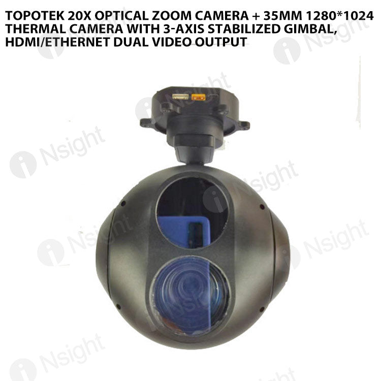 Topotek 20x Optical Zoom Camera + 35mm 1280*1024 Thermal Camera with 3-Axis Stabilized Gimbal, HDMI/Ethernet Dual Video Output