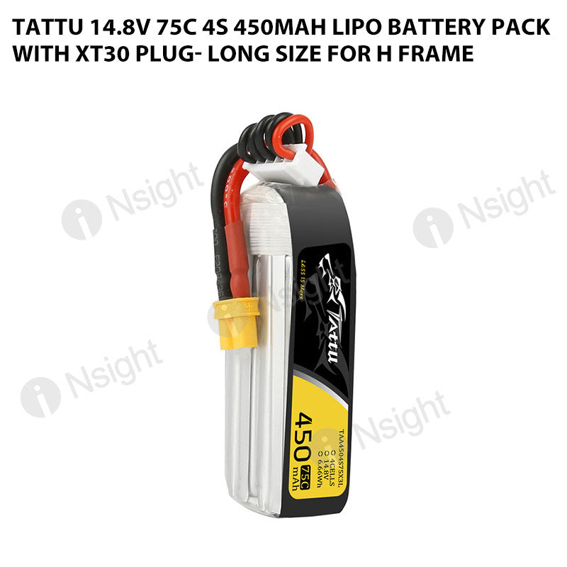 Tattu 14.8V 75C 4S 450mah Lipo Battery Pack With XT30 Plug- Long Size For H Frame