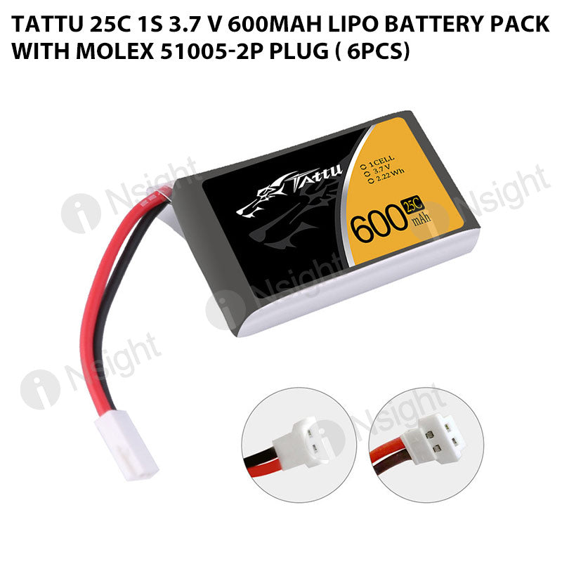 Tattu 25C 1S 3.7 V 600mah Lipo Battery Pack With Molex 51005-2P Plug ( 6pcs)