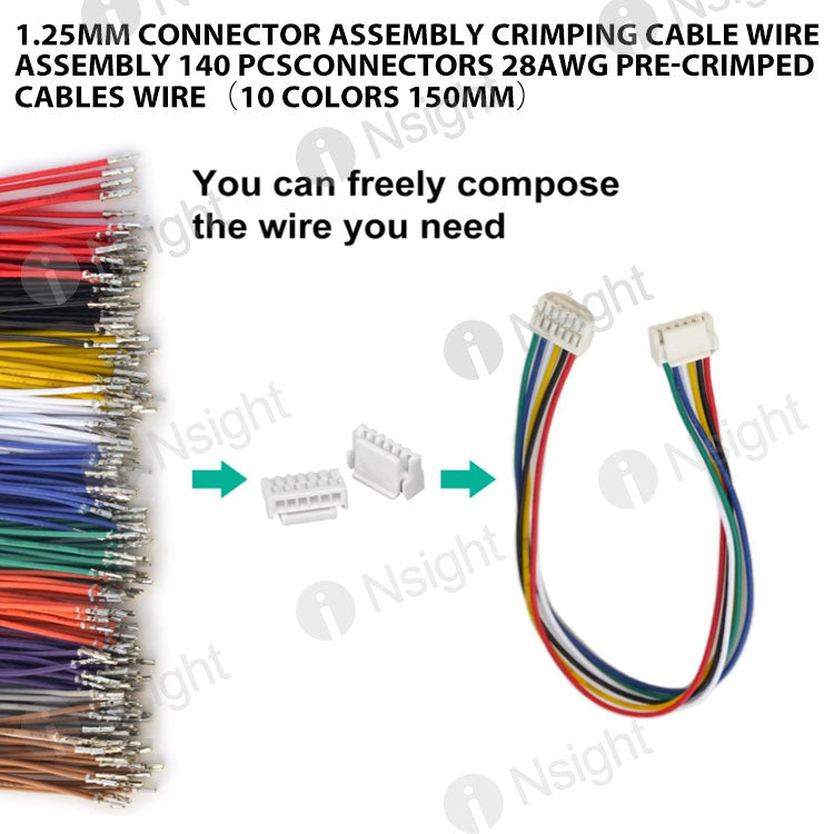1.25MM Connector assembly crimping cable wire assembly 140 pcsconnectors 28AWG Pre-Crimped Cables Wire(10 Colors 150mm)