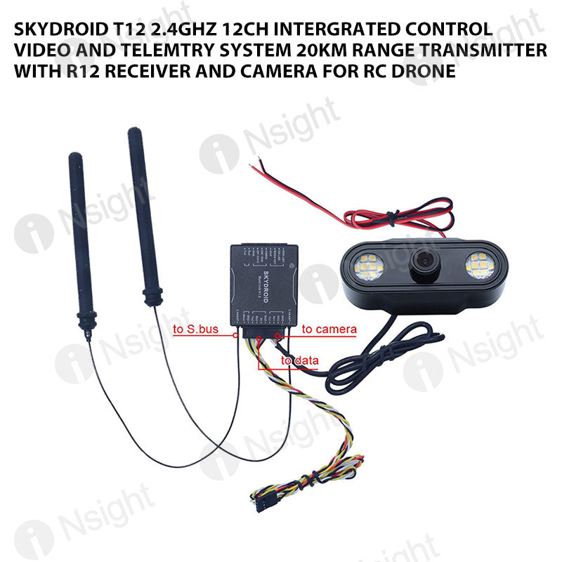 Skydroid T12 2.4GHz 12CH Intergrated Control Video and Telemtry System 20km Range Transmitter with R12 Receiver and Camera for RC Drone