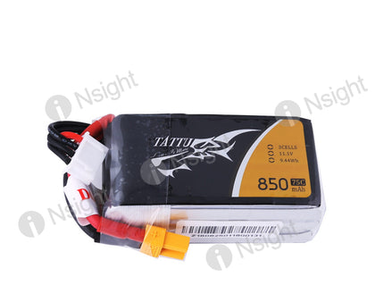 Tattu 11.1V 75C 3S 850mAh Lipo Battery Pack With XT60 Plug