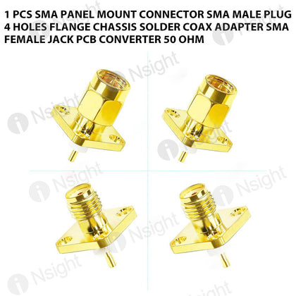 1 Pcs SMA Panel Mount Connector SMA Male Plug 4 Holes Flange Chassis Solder Coax Adapter SMA Female Jack PCB Converter 50 Ohm