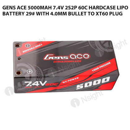 Gens Ace 5000mAh 7.4V 2S2P 60C HardCase Lipo Battery 29# With 4.0mm Bullet To XT60 Plug