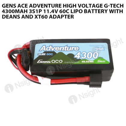 Gens Ace 4300mAh 3S 60C 11.4V Adventure High Voltage G-Tech Lipo Battery With Deans And XT60 Adapter