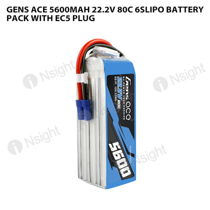 Gens Ace 5600mAh 22.2V 80C 6SLipo Battery Pack With EC5 Plug