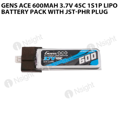 Gens Ace 600mAh 3.7V 45C 1S1P Lipo Battery Pack With JST-PHR Plug