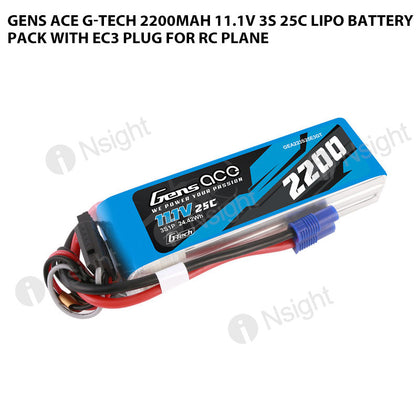 Gens Ace G-Tech 2200mAh 11.1V 3S 25C Lipo Battery Pack With EC3 Plug For RC Plane