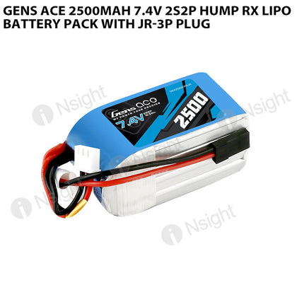 Gens Ace 2500mAh 7.4V 2S2P Hump RX Lipo Battery Pack With JR-3P Plug