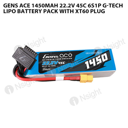 Gens Ace 1450mAh 6S 45C 22.2V G-Tech Lipo Battery Pack With XT60 Plug