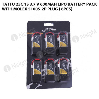 Tattu 25C 1S 3.7 V 600mah Lipo Battery Pack With Molex 51005-2P Plug ( 6pcs)