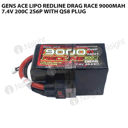 Gens Ace Lipo Redline Drag Race 9000mAh 7.4V 200C 2S6P With QS8 Plug