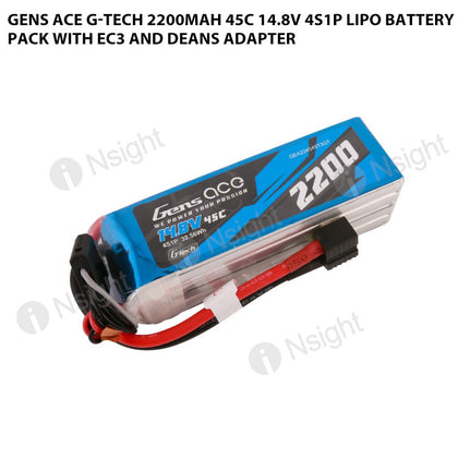 Gens Ace G-Tech 2200mAh 45C 14.8V 4S1P Lipo Battery Pack With EC3 And Deans Adapter