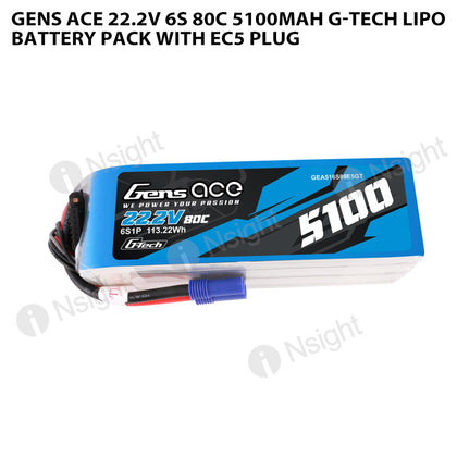 Gens Ace 5100mah 6S 80C 22.2V G-Tech Lipo Battery Pack With EC5 Plug