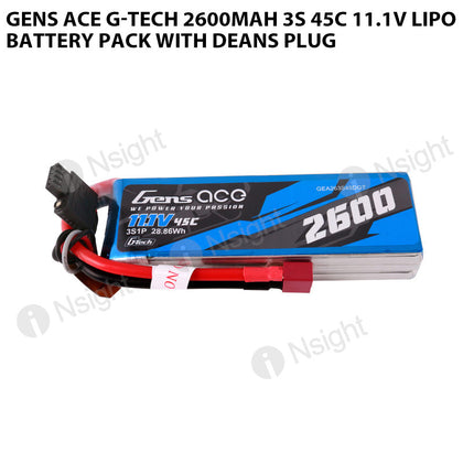 Gens Ace G-Tech 2600mAh 3S 45C 11.1V Lipo Battery Pack With Deans Plug