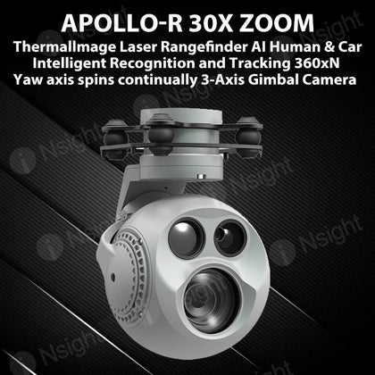 Apollo-R 30X Zoom Thermallmage Laser Rangefinder AI Human & Car Intelligent Recognition and Tracking 360xN Yaw axis spins continually 3-Axis Gimbal Camera