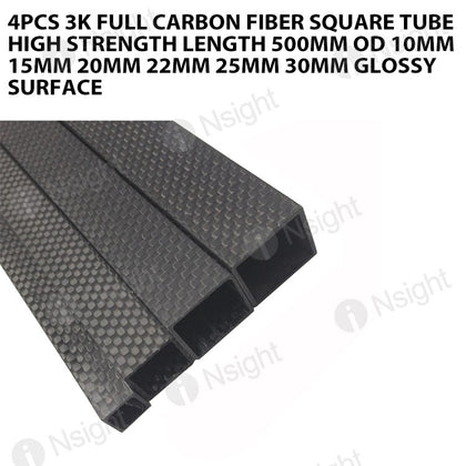 4pcs 3K full carbon fiber square tube high strength length 500mm OD 10mm 15mm 20mm 22mm 25mm 30mm Glossy Surface