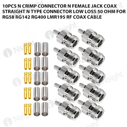 10pcs N Crimp Connector N Female Jack Coax Straight N Type Connector Low Loss 50 ohm for RG58 RG142 RG400 LMR195 RF Coax Cable