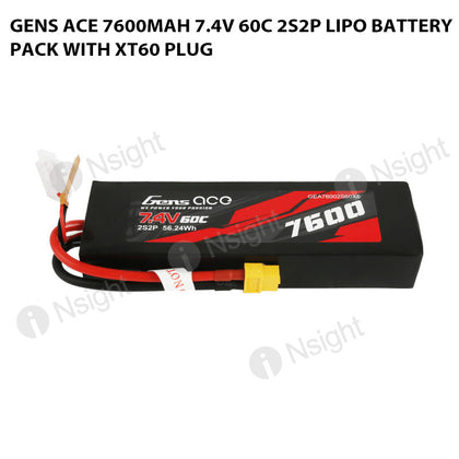 Gens Ace 7600mAh 7.4V 60C 2S2P Lipo Battery Pack With XT60 Plug