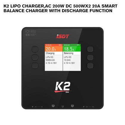 K2 Lipo Charger,AC 200W DC 500Wx2 20A Smart Balance Charger with Discharge Function