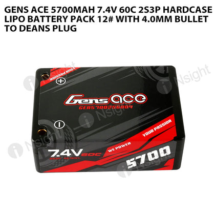 Gens Ace 5700mAh 7.4V 60C 2S3P HardCase Lipo Battery Pack 12# With 4.0mm Bullet To Deans Plug