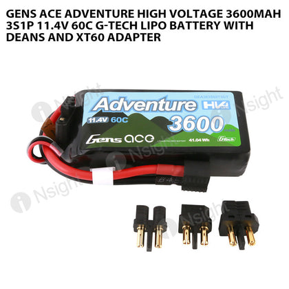 Gens Ace Adventure High Voltage 3600mAh 3S1P 11.4V 60C G-Tech Lipo Battery With Deans And XT60 Adapter