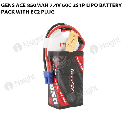 Gens Ace 850mAh 2S 7.4V 60C Lipo Battery Pack With EC2 Plug