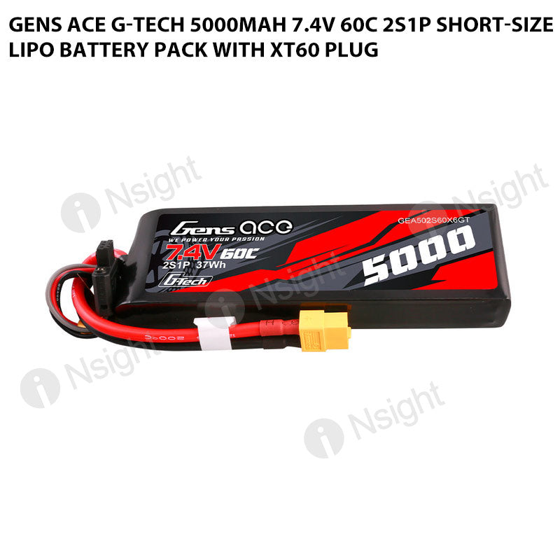 Gens Ace G-Tech 5000mAh 7.4V 60C 2S1P Short-Size Lipo Battery Pack With XT60 Plug