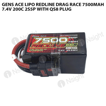 Gens Ace Lipo Redline Drag Race 7500mAh 7.4V 200C 2S5P With QS8 Plug