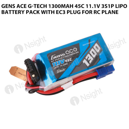 Gens Ace G-Tech 1300mAh 45C 11.1V 3S1P Lipo Battery Pack With EC3 Plug For RC Plane