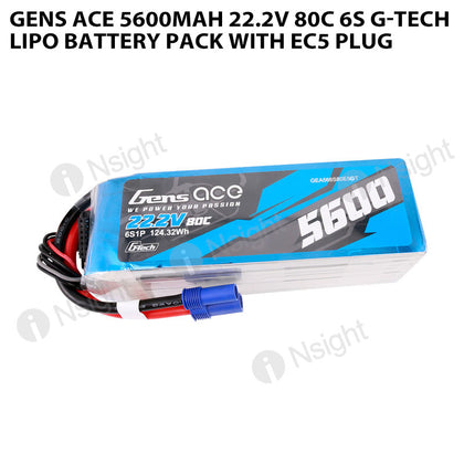 Gens Ace 5600mAh 6S 80C 22.2V G-Tech Lipo Battery Pack With EC5 Plug