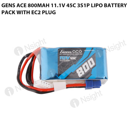 Gens Ace 800mAh 11.1V 45C 3S1P Lipo Battery Pack With EC2 Plug