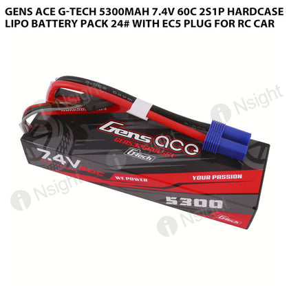 Gens Ace G-Tech 5300mAh 7.4V 60C 2S1P HardCase Lipo Battery Pack 24# With EC5 Plug For RC Car