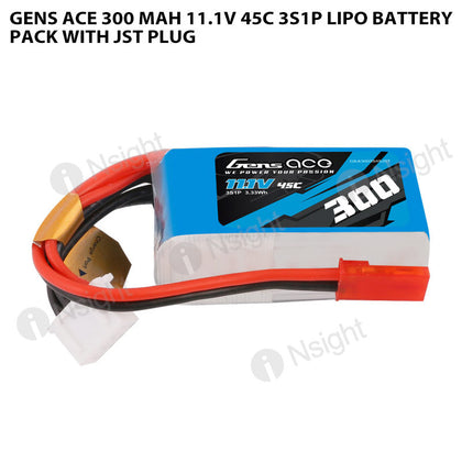 Gens Ace 300 MAh 11.1V 45C 3S1P Lipo Battery Pack With JST Plug