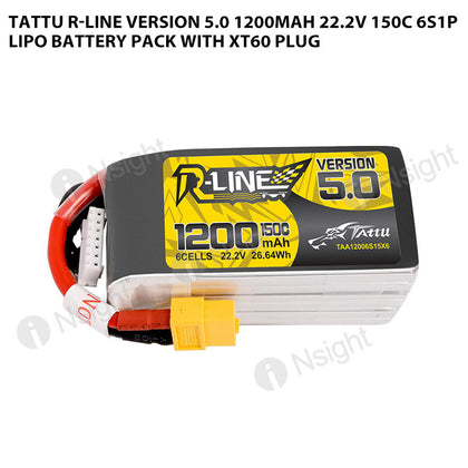 Tattu R-Line Version 5.0 1200mAh 6S 150C 22.2V Lipo Battery Pack With XT60 Plug