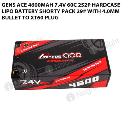 Gens Ace 4600mAh 7.4V 60C 2S2P HardCase Lipo Battery Shorty Pack 29# With 4.0mm Bullet To XT60 Plug