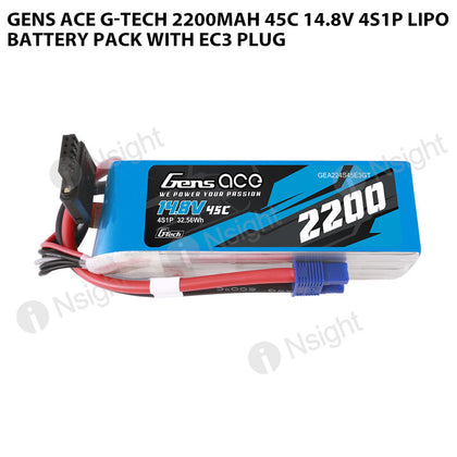 Gens Ace G-Tech 2200mAh 45C 14.8V 4S1P Lipo Battery Pack With EC3 Plug