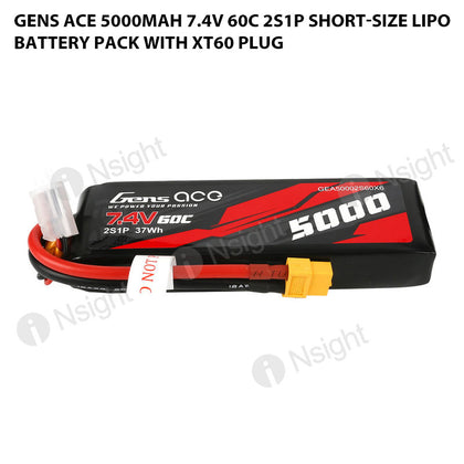 Gens Ace 5000mAh 7.4V 60C 2S1P Short-Size Lipo Battery Pack With XT60 Plug