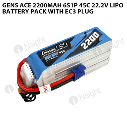 Gens Ace 2200mAh 6S 45C 22.2V Lipo Battery Pack With EC3 Plug