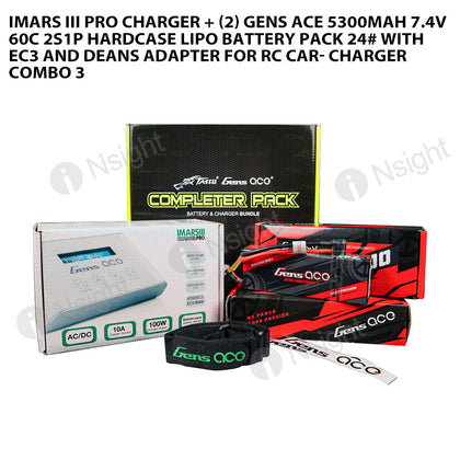 IMars III PRO Charger + (2) Gens Ace 5300mAh 7.4V 60C 2S1P HardCase Lipo Battery Pack 24# With EC3 And Deans Adapter For RC Car- Charger Combo 3