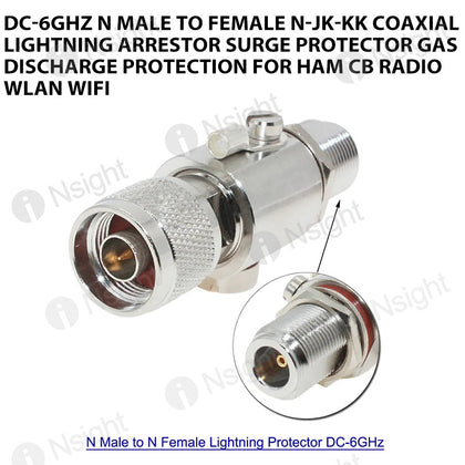 DC-6GHz N Male to Female N-JK-KK Coaxial Lightning Arrestor Surge Protector Gas Discharge Protection for HAM CB Radio WLAN WiFi